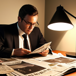 **Prompt:** A determined individual studying real estate investment materials (newspapers, websites, SNS) at a desk overflowing with information, illuminated by a single lamp, showcasing the initial struggle of entering the real estate market. Focus on conveying a sense of overcoming challenges and the importance of information gathering.