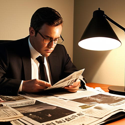 **Prompt:** A determined individual studying real estate investment materials (newspapers, websites, SNS) at a desk overflowing with information, illuminated by a single lamp, showcasing the initial struggle of entering the real estate market. Focus on conveying a sense of overcoming challenges and the importance of information gathering.