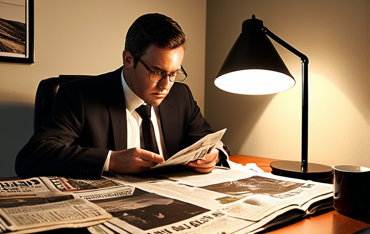 **Prompt:** A determined individual studying real estate investment materials (newspapers, websites, SNS) at a desk overflowing with information, illuminated by a single lamp, showcasing the initial struggle of entering the real estate market. Focus on conveying a sense of overcoming challenges and the importance of information gathering.