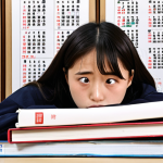 **

A student looking overwhelmed at a huge stack of textbooks and past exam papers. The textbooks are labeled with kanji for "Civil Law" (民法), "Real Estate Business Law" (宅建業法), etc.  A calendar in the background shows "Exam Day" (試験日) circled.  The overall feel should be stressful but also determined, like they are about to dive in and study hard.

**