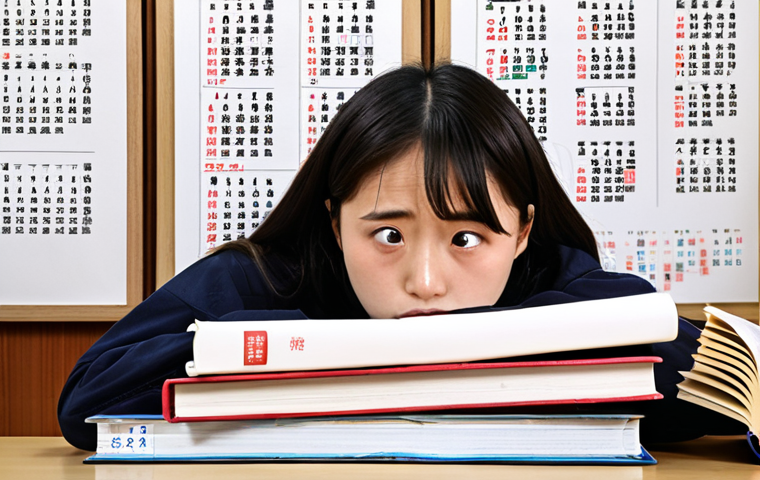 **

A student looking overwhelmed at a huge stack of textbooks and past exam papers. The textbooks are labeled with kanji for "Civil Law" (民法), "Real Estate Business Law" (宅建業法), etc.  A calendar in the background shows "Exam Day" (試験日) circled.  The overall feel should be stressful but also determined, like they are about to dive in and study hard.

**