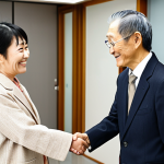 **

A confident Japanese "Takken-shi" (real estate agent) shaking hands with a smiling elderly client in a modern, well-lit office. Subtle background elements suggest ethical practice and legal expertise. Focus on conveying trust and professionalism.

**