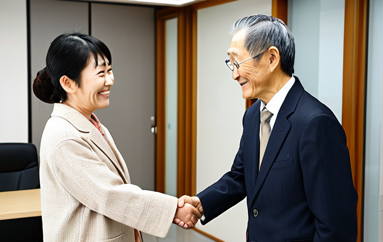 **

A confident Japanese "Takken-shi" (real estate agent) shaking hands with a smiling elderly client in a modern, well-lit office. Subtle background elements suggest ethical practice and legal expertise. Focus on conveying trust and professionalism.

**