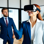 A confident male real estate professional in a crisp, modest business suit, demonstrating a VR headset to a prospective female client in a bright, modern office. The client, in a smart, appropriate dress, looks engaged as a vibrant virtual overlay of a beautiful home interior is subtly visible in the background, hinting at the immersive VR experience. Perfect anatomy, natural pose, well-formed hands, proper finger count, natural body proportions. Professional photography, high quality, realistic lighting, sharp focus. Fully clothed, modest clothing, appropriate attire, professional dress, safe for work, appropriate content, family-friendly.