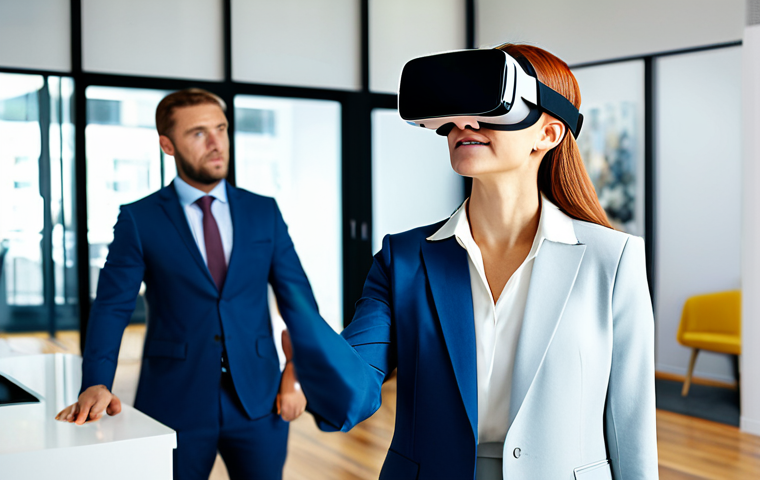 A confident male real estate professional in a crisp, modest business suit, demonstrating a VR headset to a prospective female client in a bright, modern office. The client, in a smart, appropriate dress, looks engaged as a vibrant virtual overlay of a beautiful home interior is subtly visible in the background, hinting at the immersive VR experience. Perfect anatomy, natural pose, well-formed hands, proper finger count, natural body proportions. Professional photography, high quality, realistic lighting, sharp focus. Fully clothed, modest clothing, appropriate attire, professional dress, safe for work, appropriate content, family-friendly.