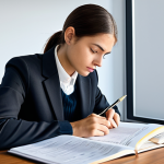 A focused individual, fully clothed in a modest business casual outfit, meticulously analyzing past exam papers and textbooks on a clean, modern study desk. The person is deep in concentration, holding a pen as if highlighting key insights. The desk is orderly, reflecting a strategic approach to learning. The lighting is soft and natural, creating a serene and academic atmosphere. The pose is natural and professional, emphasizing diligent study and analytical thinking. safe for work, appropriate content, fully clothed, professional, perfect anatomy, correct proportions, natural pose, well-formed hands, proper finger count, natural body proportions, professional photography, high quality, realistic.