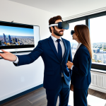 A professional real estate agent, fully clothed in a modest business suit, guides a client through a virtual property tour. The client, also in appropriate attire, is wearing sleek VR goggles, deeply immersed in a 360-degree panoramic view of a modern, bright apartment. The agent points towards a large screen displaying the same virtual environment, providing explanations. The scene is set in a contemporary real estate office with warm, inviting natural light. The atmosphere is professional and collaborative. perfect anatomy, correct proportions, natural pose, well-formed hands, proper finger count, high-resolution, professional photography, safe for work, appropriate content, fully clothed, professional.