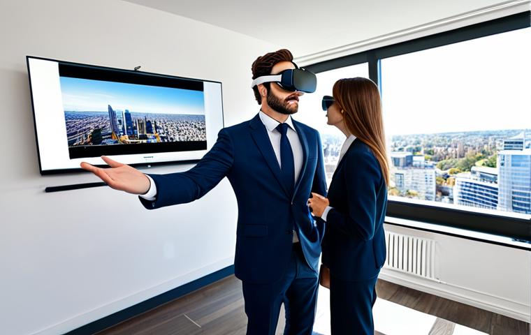 A professional real estate agent, fully clothed in a modest business suit, guides a client through a virtual property tour. The client, also in appropriate attire, is wearing sleek VR goggles, deeply immersed in a 360-degree panoramic view of a modern, bright apartment. The agent points towards a large screen displaying the same virtual environment, providing explanations. The scene is set in a contemporary real estate office with warm, inviting natural light. The atmosphere is professional and collaborative. perfect anatomy, correct proportions, natural pose, well-formed hands, proper finger count, high-resolution, professional photography, safe for work, appropriate content, fully clothed, professional.