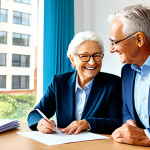 **

"A bright, modern real estate office with a friendly agent assisting a fully clothed, smiling senior couple. They are reviewing documents related to a service-equipped senior residence. The office features large windows showcasing a vibrant, safe neighborhood. The scene is professional and family-friendly, with perfect anatomy, correct proportions, natural poses, and well-formed hands. Everyone is in appropriate attire, reflecting a comfortable and secure retirement transition. High-quality, safe for work, appropriate content, fully clothed, professional."

**