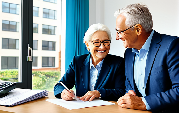 **

"A bright, modern real estate office with a friendly agent assisting a fully clothed, smiling senior couple. They are reviewing documents related to a service-equipped senior residence. The office features large windows showcasing a vibrant, safe neighborhood. The scene is professional and family-friendly, with perfect anatomy, correct proportions, natural poses, and well-formed hands. Everyone is in appropriate attire, reflecting a comfortable and secure retirement transition. High-quality, safe for work, appropriate content, fully clothed, professional."

**