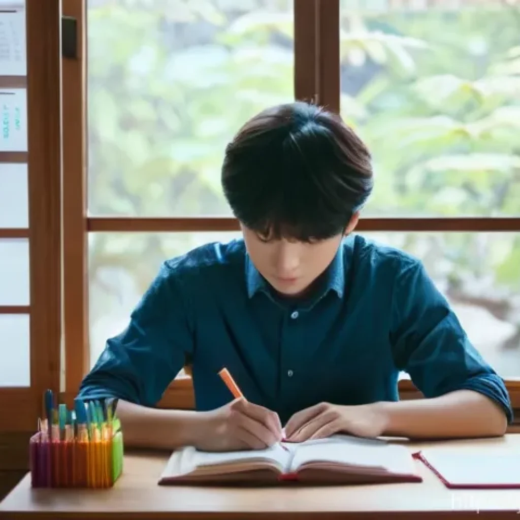 공인중개사 시험 성공을 위한 경험 공유 - **Prompt:** A focused young Japanese adult, wearing smart casual attire like a neat button-down shir...