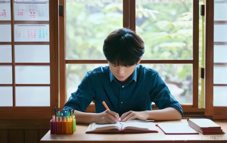 공인중개사 시험 성공을 위한 경험 공유 - **Prompt:** A focused young Japanese adult, wearing smart casual attire like a neat button-down shir...