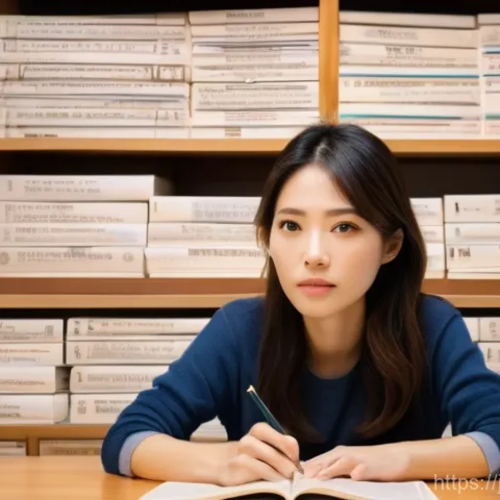 공인중개사 시험 대비 법률 조항 학습법 - A young Japanese woman in her early twenties, dressed in a comfortable yet stylish long-sleeved top ...