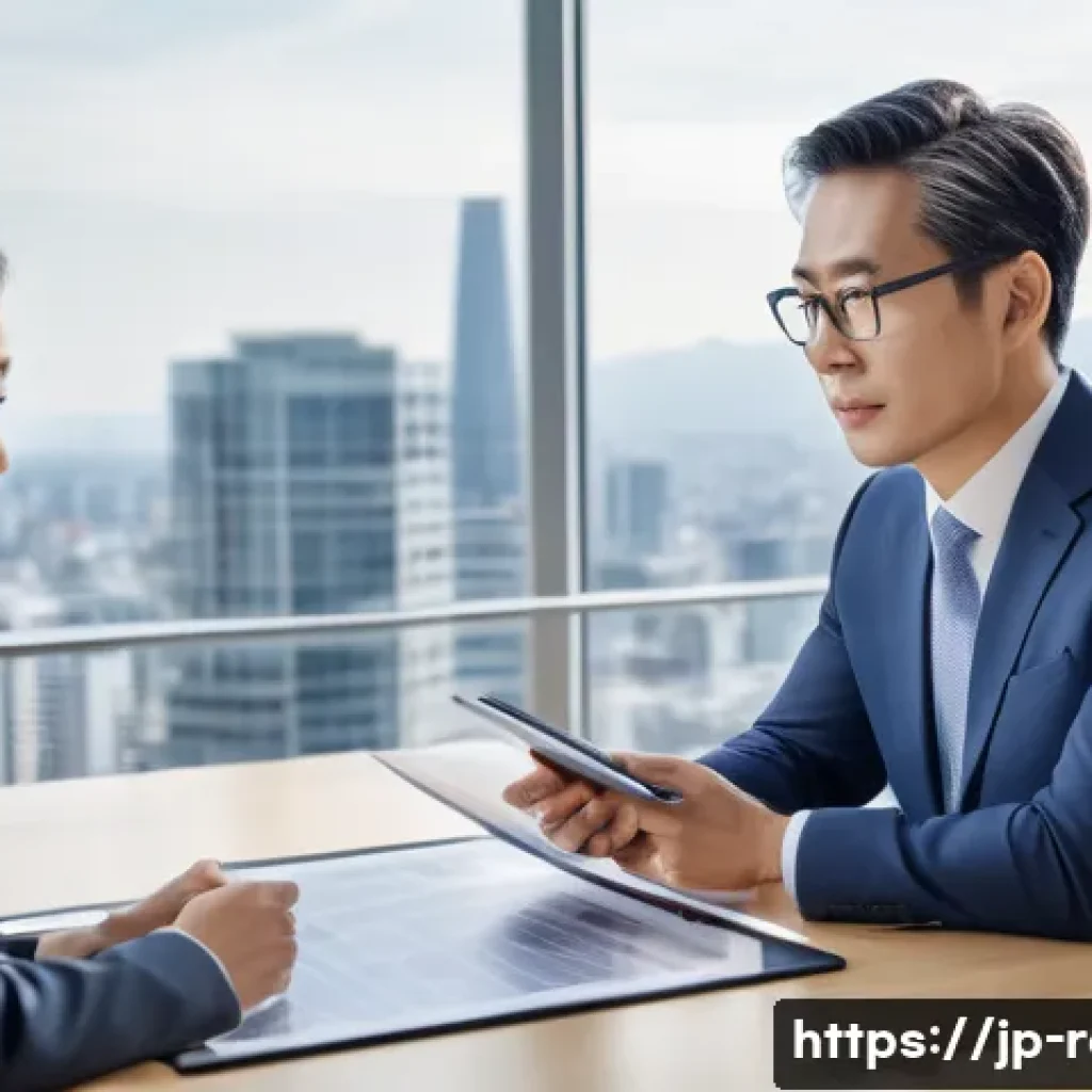 공인중개사 자격증 활용 해외 사례 연구 - A professional Japanese real estate appraiser in business attire, confidently discussing property va...