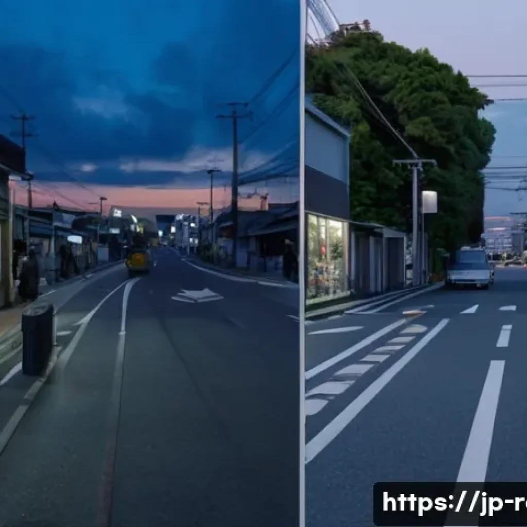 공인중개사와 부동산 투자 사례 공유 - ) Morning vs evening site‑survey diptych, realistic urban Japanese neighborhood: left panel — weekda...