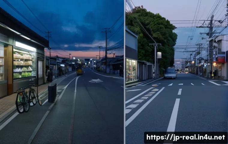 공인중개사와 부동산 투자 사례 공유 - ) Morning vs evening site‑survey diptych, realistic urban Japanese neighborhood: left panel — weekda...