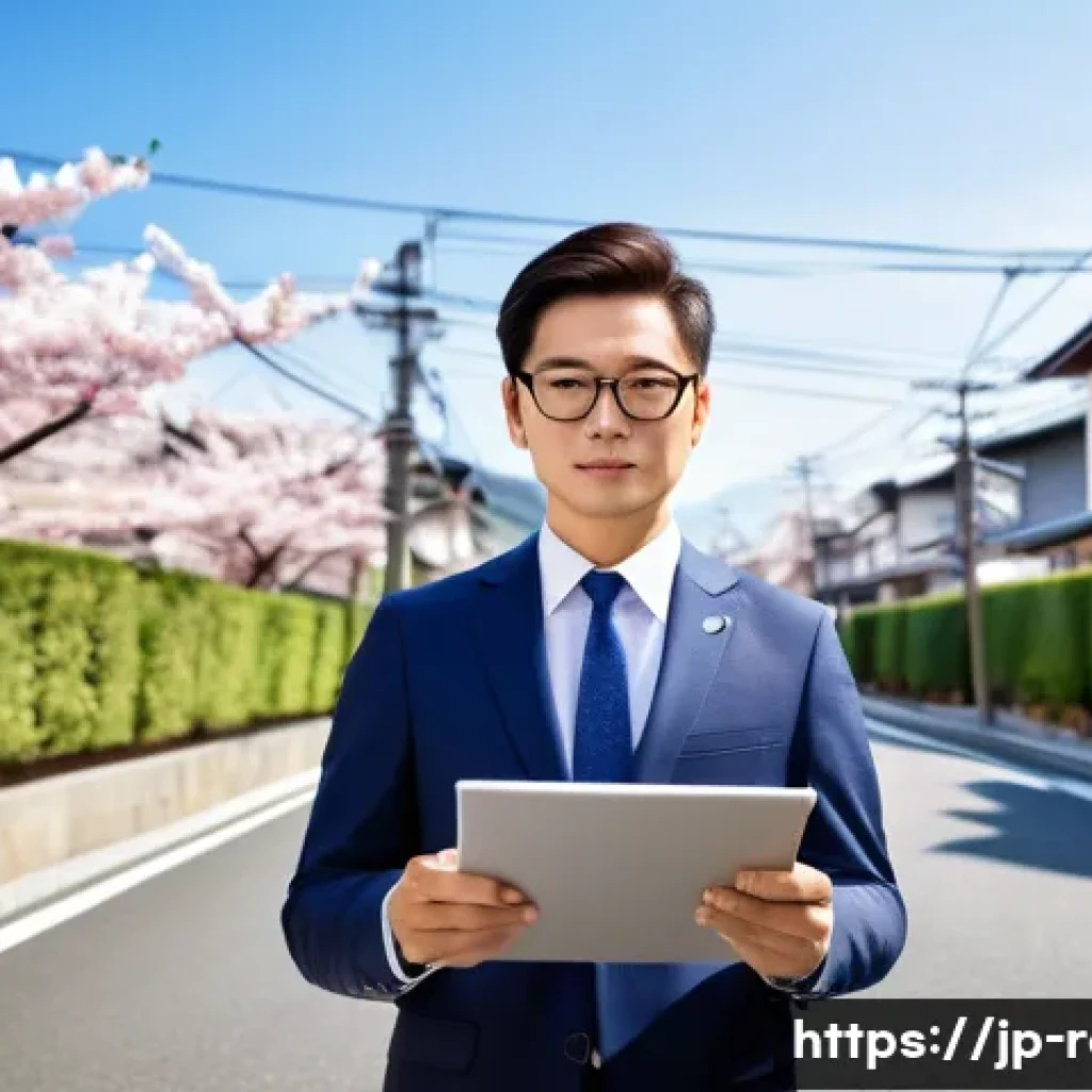 공인중개사 자격증과 관련된 사회적 가치를 높이는 사례 - A professional Japanese real estate appraiser in a modern urban neighborhood, wearing a neat suit an...