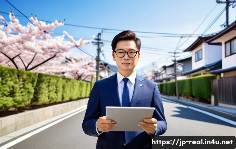 공인중개사 자격증과 관련된 사회적 가치를 높이는 사례 - A professional Japanese real estate appraiser in a modern urban neighborhood, wearing a neat suit an...