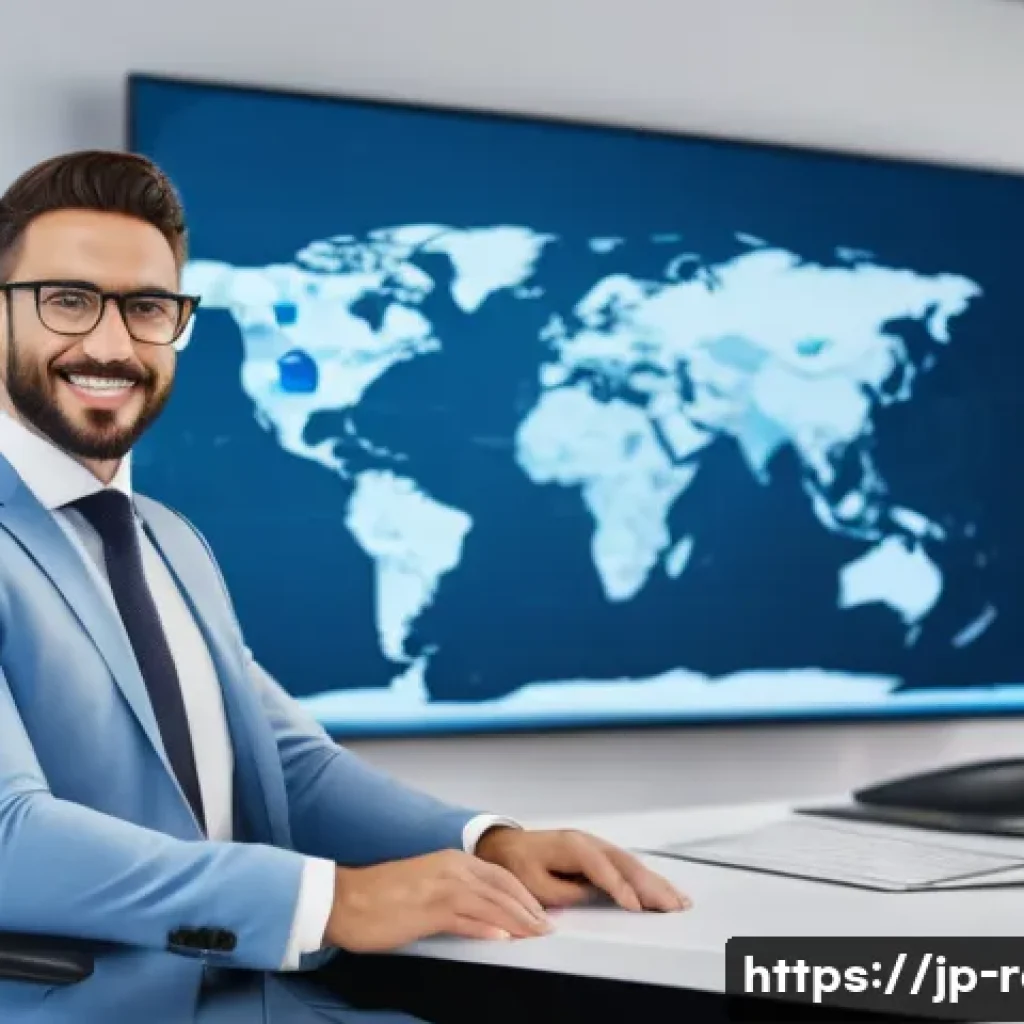 공인중개사와 글로벌 부동산 시장 연결 - A professional real estate agent in a modern international office, dressed in formal business attire...