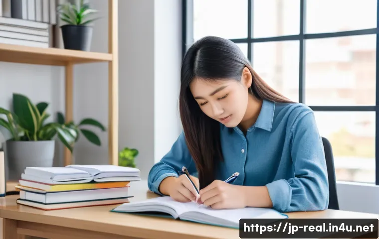공인중개사 시험 대비 자료 분석과 활용 사례 - A focused Japanese student studying for the certified real estate transaction agent exam, sitting at...