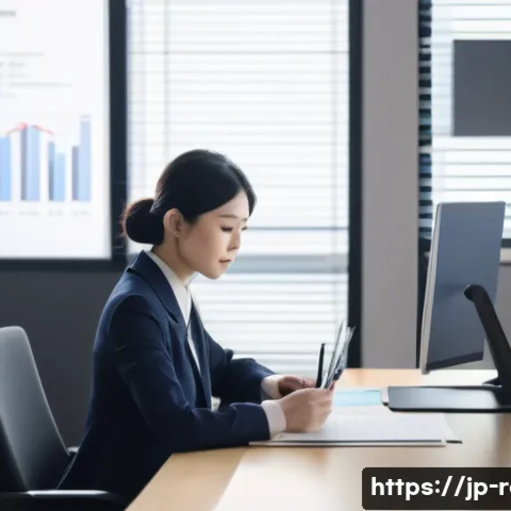 공인중개사와 부동산 관련 정책 변화 대응 방법 - A modern Japanese real estate office setting with a professional woman in business attire sitting at...