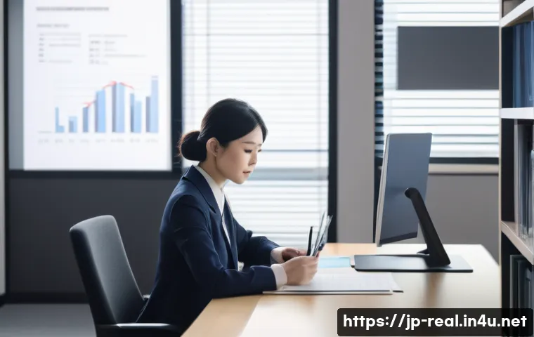 공인중개사와 부동산 관련 정책 변화 대응 방법 - A modern Japanese real estate office setting with a professional woman in business attire sitting at...