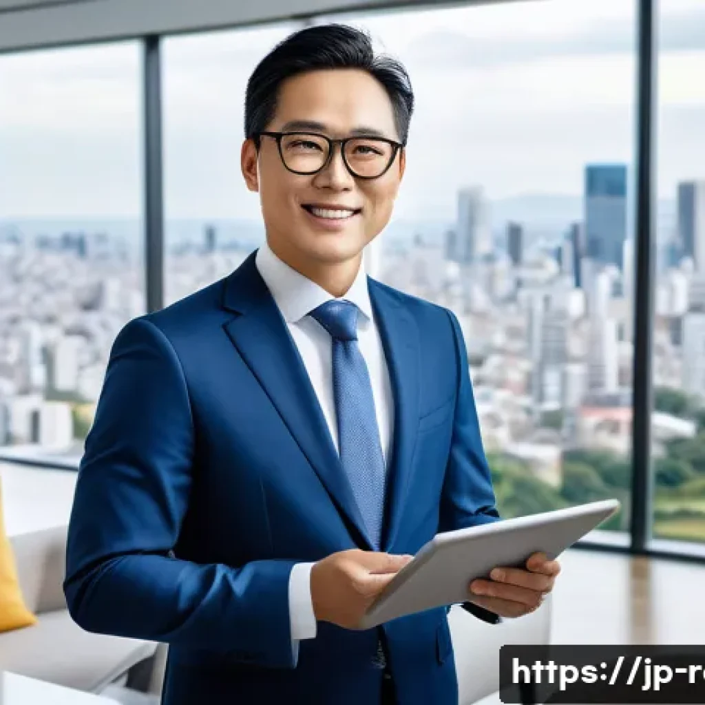 공인중개사와 부동산 관련 정책 변화의 사회적 영향 분석 - A modern Japanese real estate advisor, wearing professional business attire and glasses, confidently...