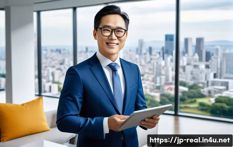 공인중개사와 부동산 관련 정책 변화의 사회적 영향 분석 - A modern Japanese real estate advisor, wearing professional business attire and glasses, confidently...
