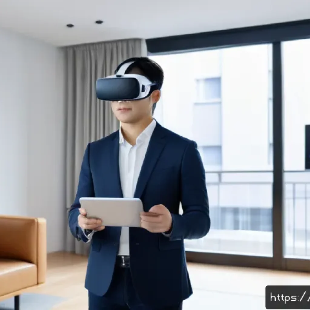 공인중개사와 부동산 관련 사회적 가치의 활용 사례 - A modern Japanese urban real estate agent conducting a virtual property tour using VR headset, showi...