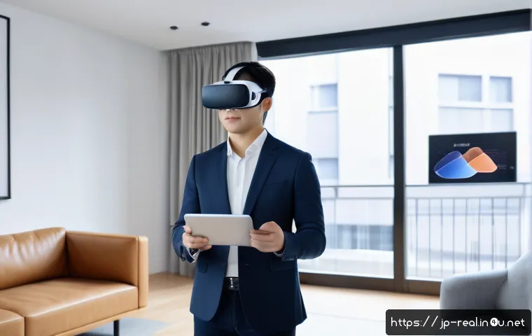 공인중개사와 부동산 관련 사회적 가치의 활용 사례 - A modern Japanese urban real estate agent conducting a virtual property tour using VR headset, showi...
