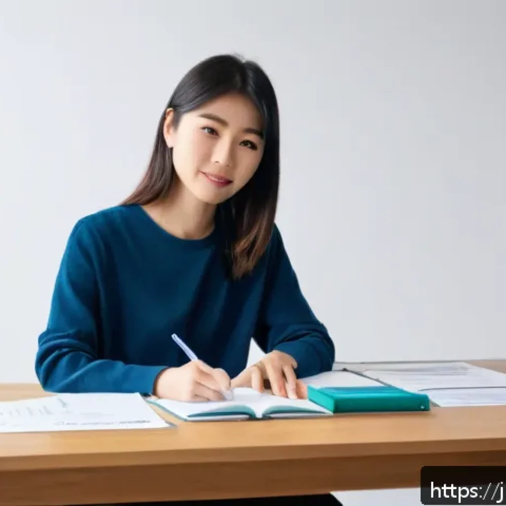 공인중개사 시험 준비를 위한 최신 자료 활용법 - A modern Japanese study room featuring a young Japanese woman in casual clothing, sitting at a clean...