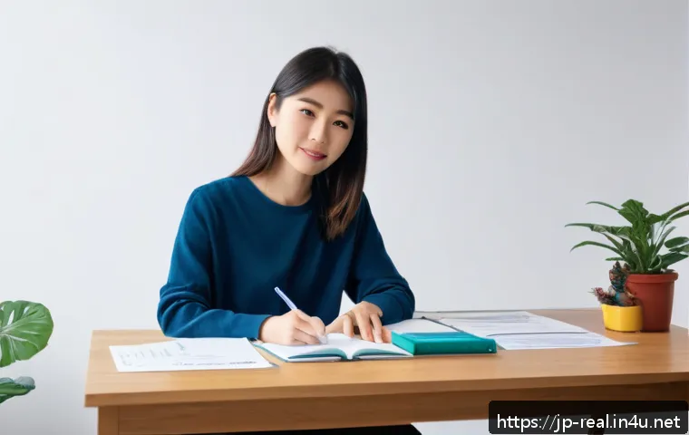 공인중개사 시험 준비를 위한 최신 자료 활용법 - A modern Japanese study room featuring a young Japanese woman in casual clothing, sitting at a clean...