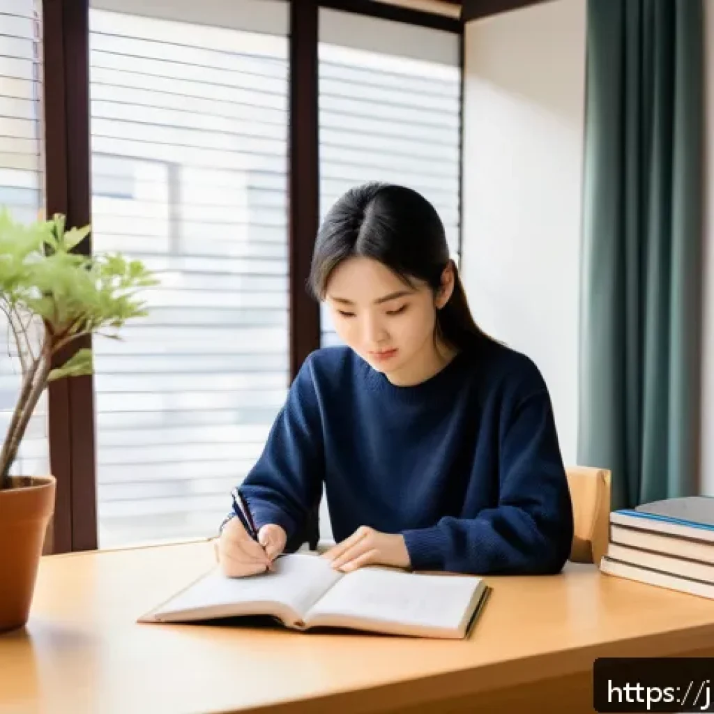 공인중개사 시험을 위한 집중 학습 전략 - A modern Japanese study room featuring a young adult student sitting at a minimalist wooden desk ded...