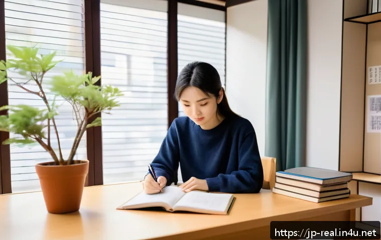 공인중개사 시험을 위한 집중 학습 전략 - A modern Japanese study room featuring a young adult student sitting at a minimalist wooden desk ded...