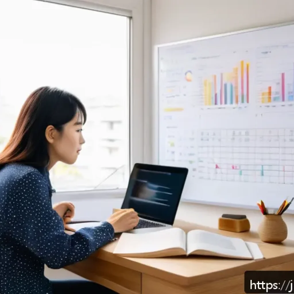 공인중개사 시험 준비를 위한 실용적인 조언 - A focused Japanese adult woman studying at a tidy home desk setup designed for efficient learning. S...
