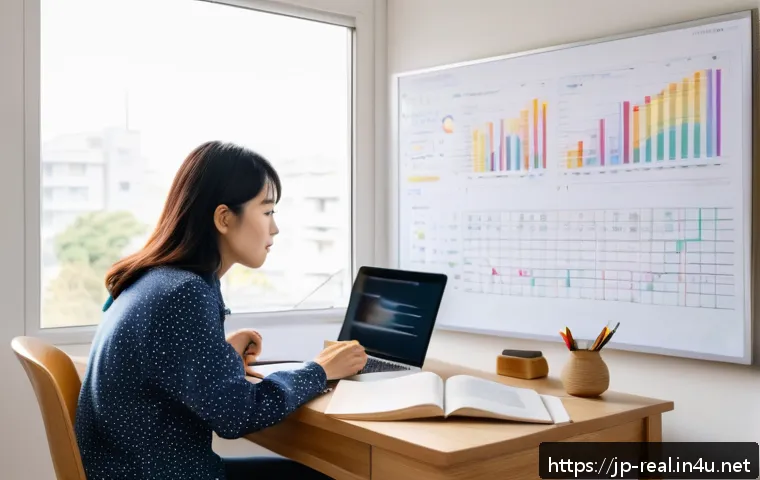 공인중개사 시험 준비를 위한 실용적인 조언 - A focused Japanese adult woman studying at a tidy home desk setup designed for efficient learning. S...