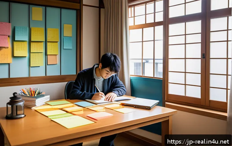 공인중개사 시험 관련 온라인 강의 플랫폼 - A modern Japanese study room with a focused young adult studying efficiently for the Certified Real ...