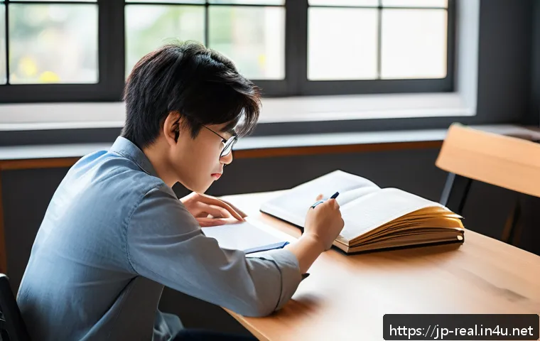 공인중개사 시험 대비 최신 기법 연구 - A modern Japanese study room scene during early morning, with a focused young Japanese person in cas...