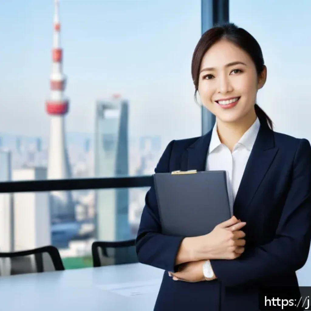 공인중개사 자격증 취득 후 경력 전환 성공 사례 - A confident Japanese professional woman in her early 30s wearing a smart business suit and holding a...