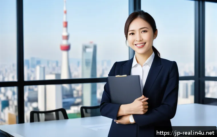 공인중개사 자격증 취득 후 경력 전환 성공 사례 - A confident Japanese professional woman in her early 30s wearing a smart business suit and holding a...