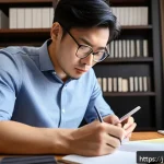 공인중개사 시험 과목별 출제 비율 분석 - A focused Japanese professional man studying for the Certified Real Estate Appraiser exam in a moder...