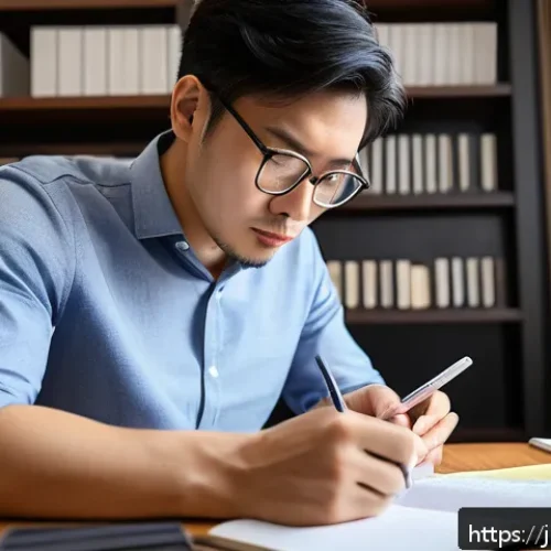 공인중개사 시험 과목별 출제 비율 분석 - A focused Japanese professional man studying for the Certified Real Estate Appraiser exam in a moder...
