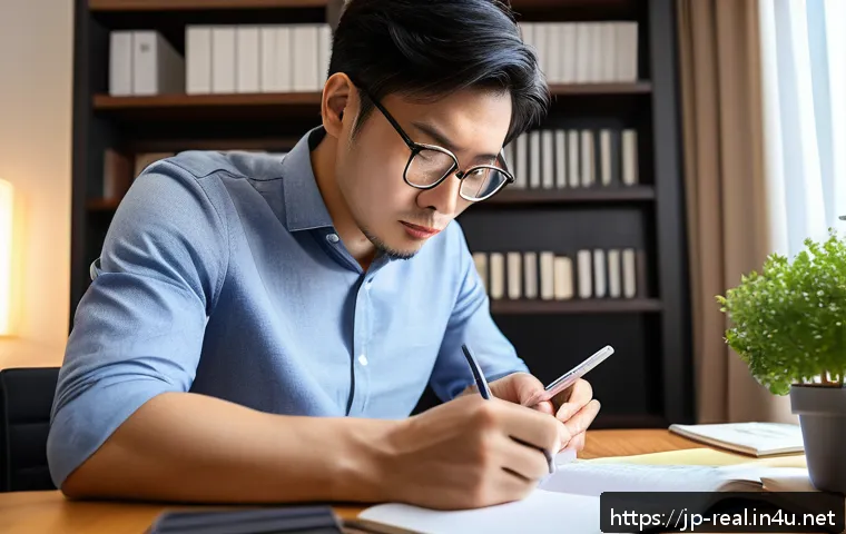 공인중개사 시험 과목별 출제 비율 분석 - A focused Japanese professional man studying for the Certified Real Estate Appraiser exam in a moder...