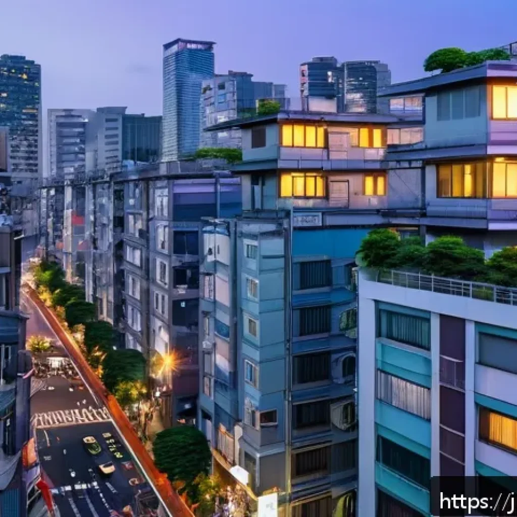 공인중개사 부동산 시장 관련 고객 상담 사례 - A modern Japanese urban cityscape at dusk, featuring densely packed high-rise apartment buildings ne...
