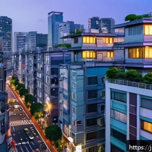 공인중개사 부동산 시장 관련 고객 상담 사례 - A modern Japanese urban cityscape at dusk, featuring densely packed high-rise apartment buildings ne...
