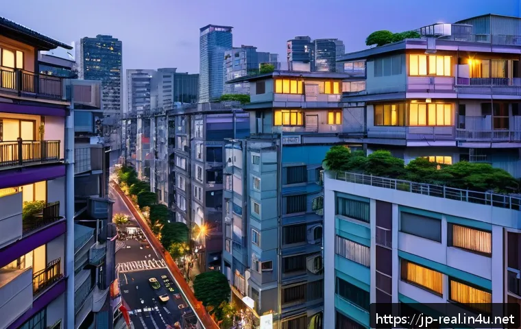 공인중개사 부동산 시장 관련 고객 상담 사례 - A modern Japanese urban cityscape at dusk, featuring densely packed high-rise apartment buildings ne...