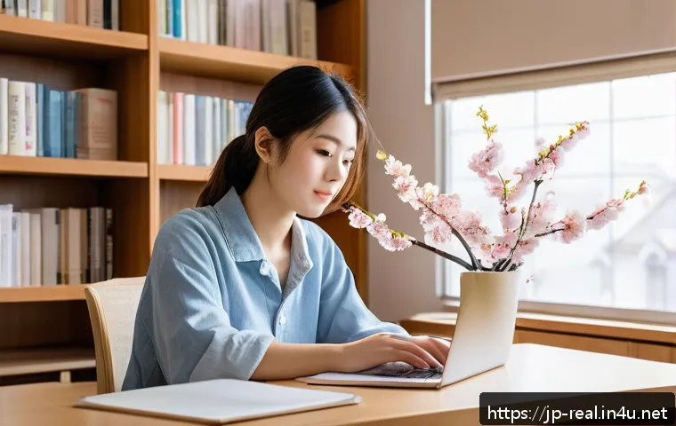공인중개사 시험 관련 정부 지원 정보 - A modern Japanese study room scene with a young Japanese adult student sitting at a clean desk, usin...