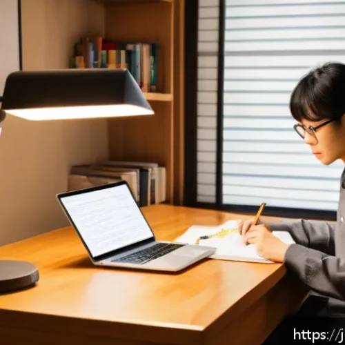 공인중개사 시험 최신 출제 경향 분석 - A modern Japanese study room scene featuring a young adult studying宅建 exam materials: the person is ...