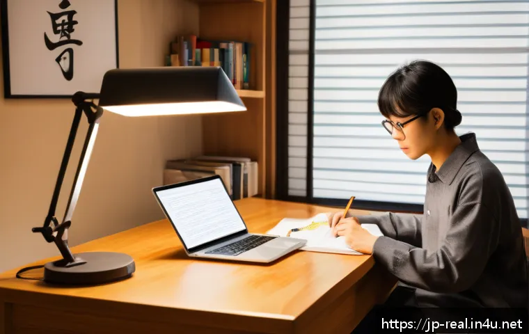 공인중개사 시험 최신 출제 경향 분석 - A modern Japanese study room scene featuring a young adult studying宅建 exam materials: the person is ...