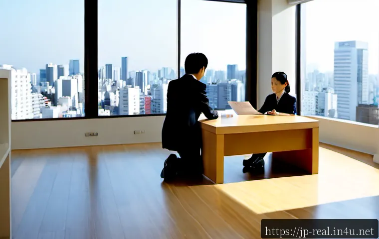 공인중개사와 부동산 시장 변화의 분석적 접근 - Photorealistic Japanese real estate agent in a modern Tokyo apartment viewing, calmly discussing mar...